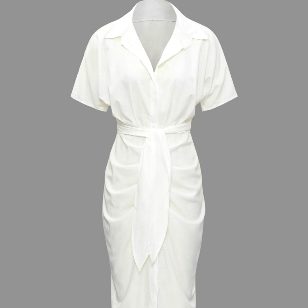 Button Up Belted Midi Shirt Dress - Micas